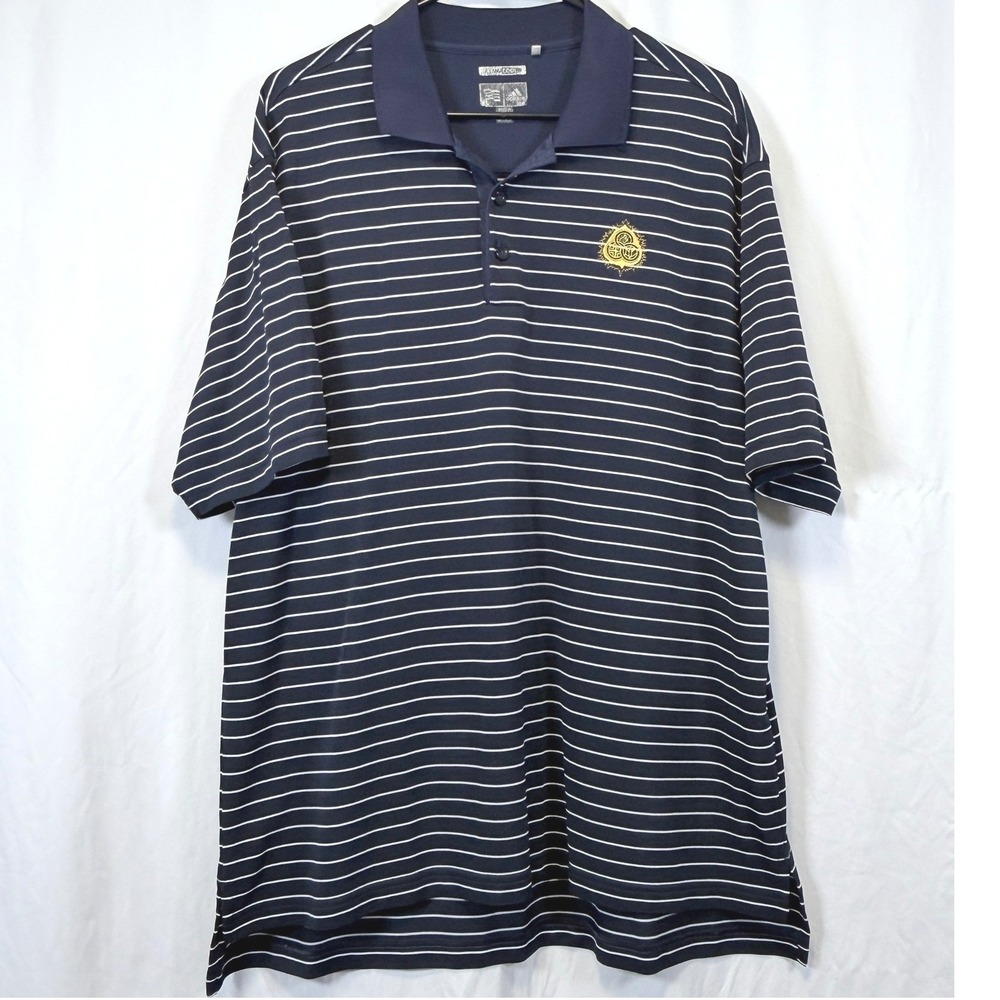 Adidas Polo Shirt Striped Navy Blue White Gold Crest Climacool Mens Size L